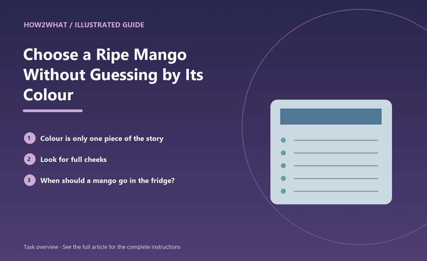 Illustrated task overview for How to Choose a Ripe Mango Without Guessing by Its Colour