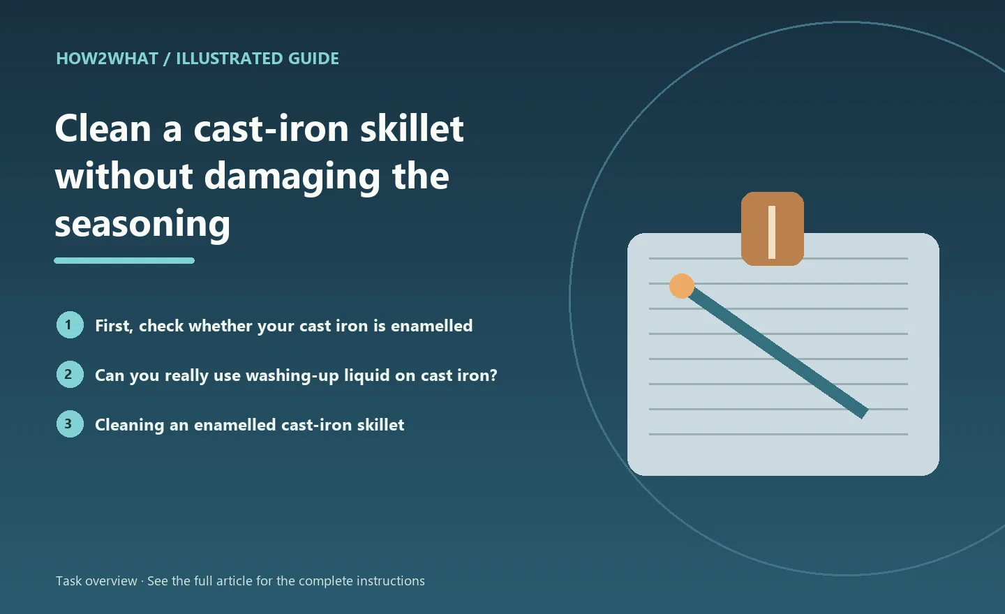 Illustrated task overview for How to clean a cast-iron skillet without damaging the seasoning