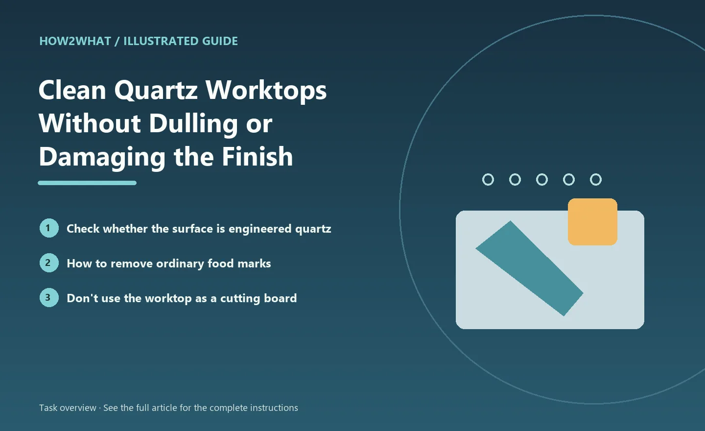 Illustrated task overview for How to Clean Quartz Worktops Without Dulling or Damaging the Finish