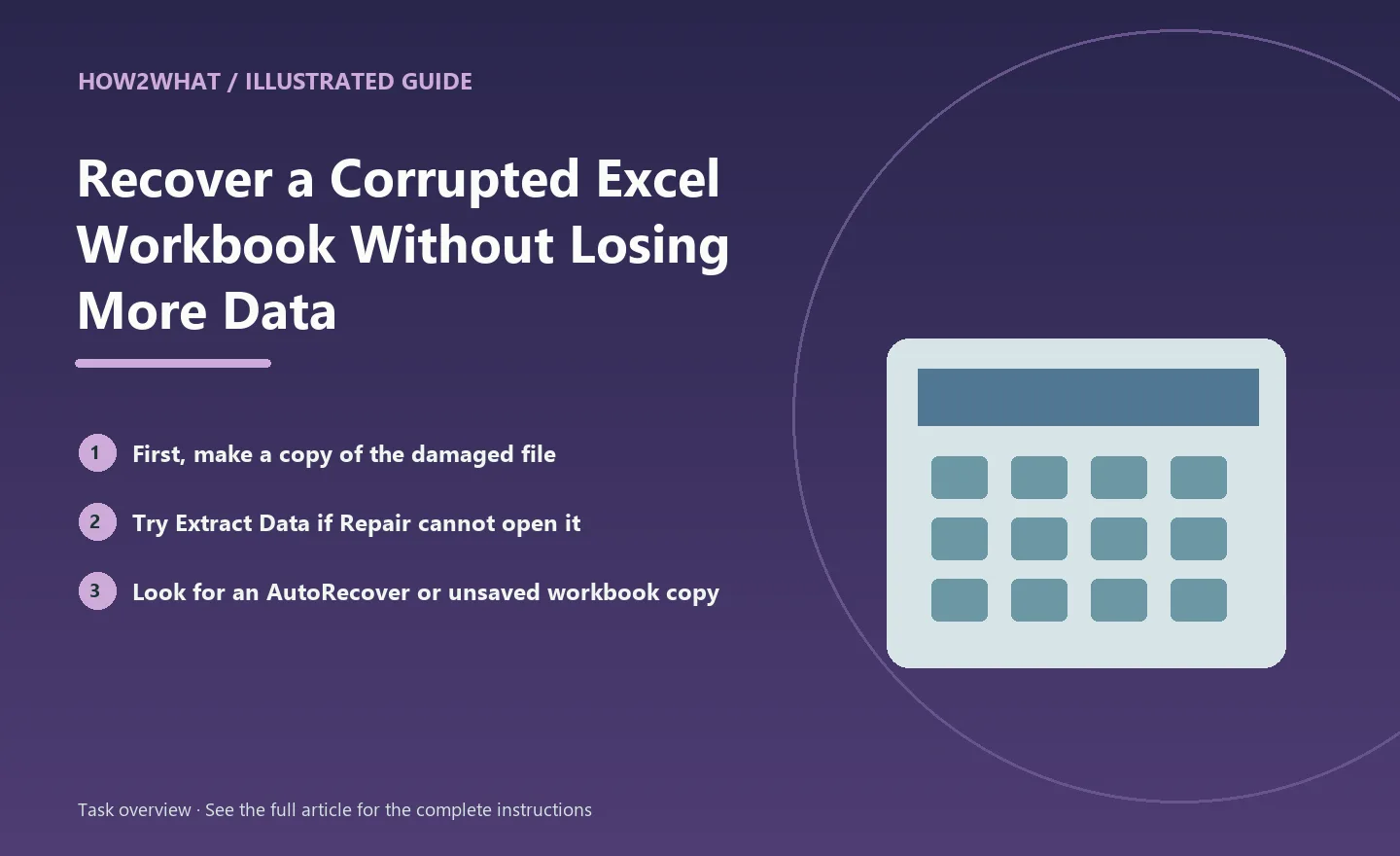 Illustrated task overview for How to Recover a Corrupted Excel Workbook Without Losing More Data