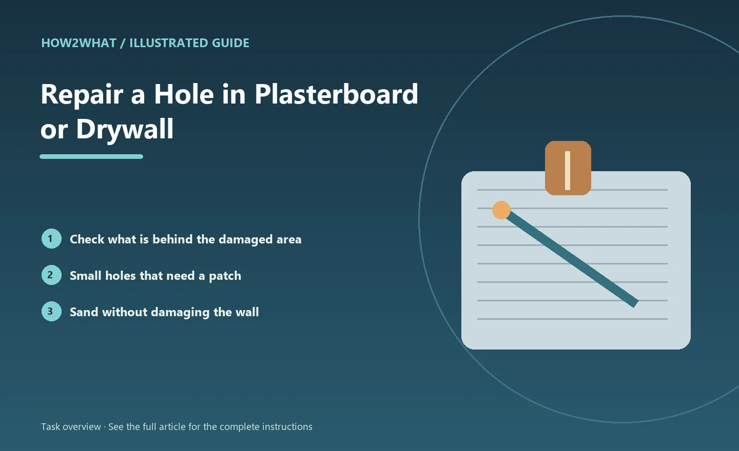Illustrated task overview for How to Repair a Hole in Plasterboard or Drywall